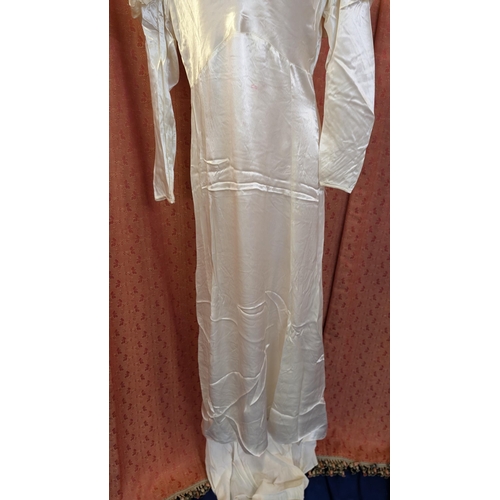 2171 - 1970's Satin Wedding Dress with Cowl Neckline, Top Ruched Sleeves with Small Train.  Lipstick mark o... 