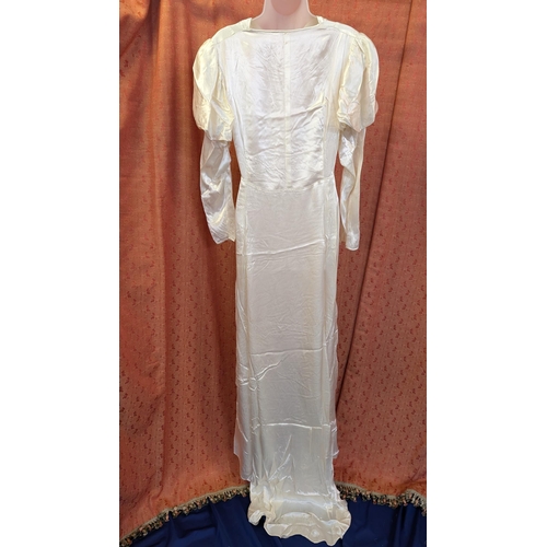 2171 - 1970's Satin Wedding Dress with Cowl Neckline, Top Ruched Sleeves with Small Train.  Lipstick mark o... 