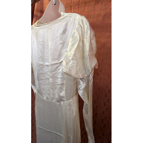 2171 - 1970's Satin Wedding Dress with Cowl Neckline, Top Ruched Sleeves with Small Train.  Lipstick mark o... 