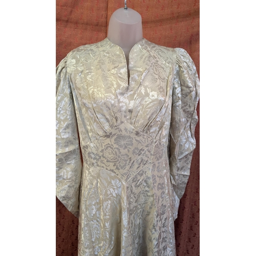 2174 - 1970's Gold Damask Type Wedding Dress with Beautiful Sheen, Tapered Waistline with Train.  Requires ... 