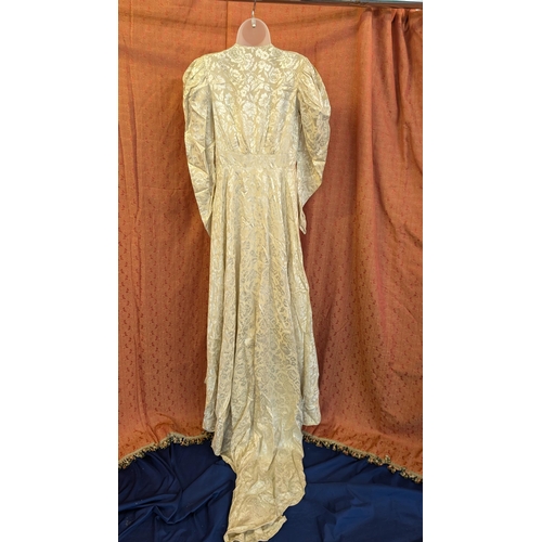 2174 - 1970's Gold Damask Type Wedding Dress with Beautiful Sheen, Tapered Waistline with Train.  Requires ... 