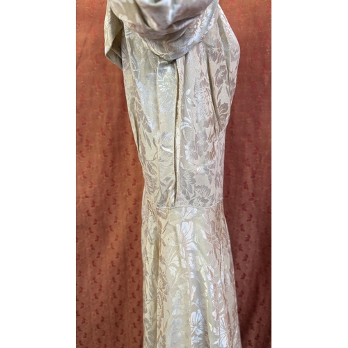 2174 - 1970's Gold Damask Type Wedding Dress with Beautiful Sheen, Tapered Waistline with Train.  Requires ... 