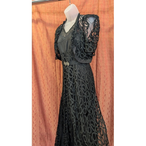 2225 - 1920's/ 1930's Vintage Black Cocktail Dress - Handmade.  With Bolero Jacket, Halter Top, Heavy Lined... 