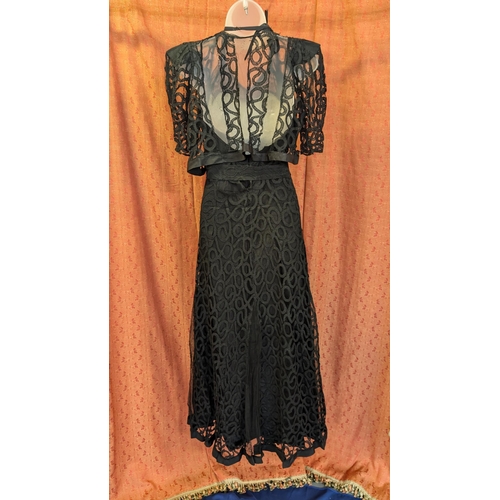 2225 - 1920's/ 1930's Vintage Black Cocktail Dress - Handmade.  With Bolero Jacket, Halter Top, Heavy Lined... 