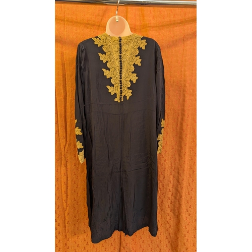 2232 - Vintage 1930's Blue Silk Cocktail Dress with Mink Lace Design Detailing and Small Covered Buttons.  ... 