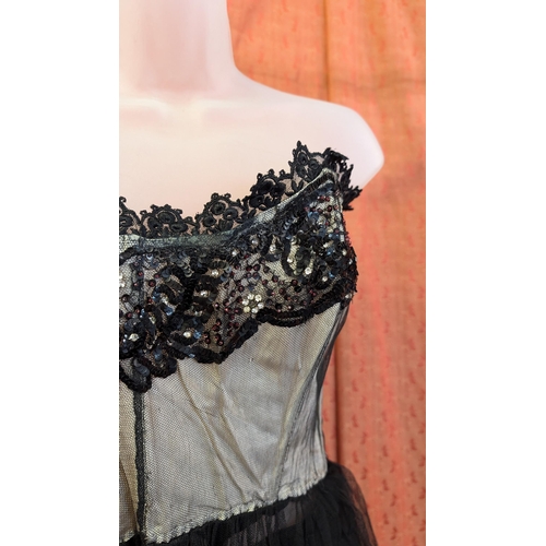 2235 - 1950's/ 1960's Black Lace Vintage Cocktail Dress - Hand Made Cream Detailing Top, Boned Bodice, Shee... 