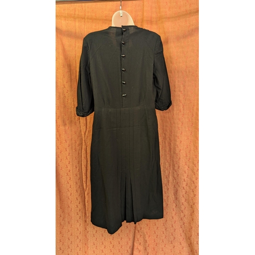 2244 - 1930's Wool/ Crepe Small V Neck Dress with Piped and Embroidered Square Detail Front,  3/4 Sleeves w... 