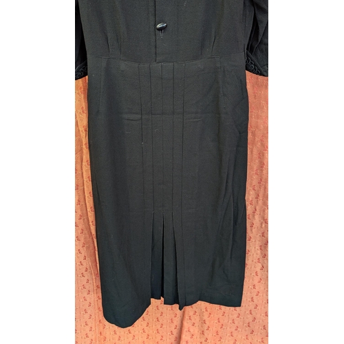 2244 - 1930's Wool/ Crepe Small V Neck Dress with Piped and Embroidered Square Detail Front,  3/4 Sleeves w... 