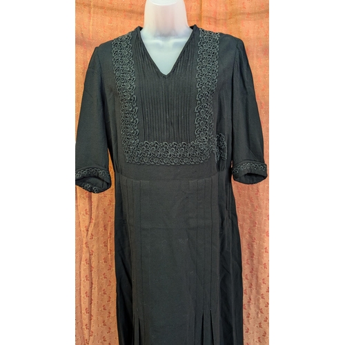 2244 - 1930's Wool/ Crepe Small V Neck Dress with Piped and Embroidered Square Detail Front,  3/4 Sleeves w... 