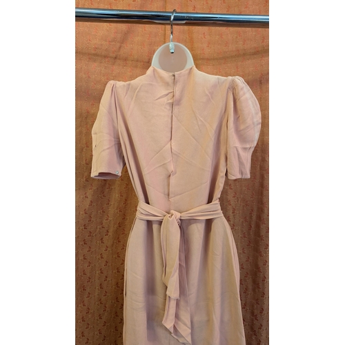 2247 - 1940's Pink Rayon Dress with Side Poppers, Small Capped Sleeves, Bottom Pleat, Lace Inset Top, Attac... 