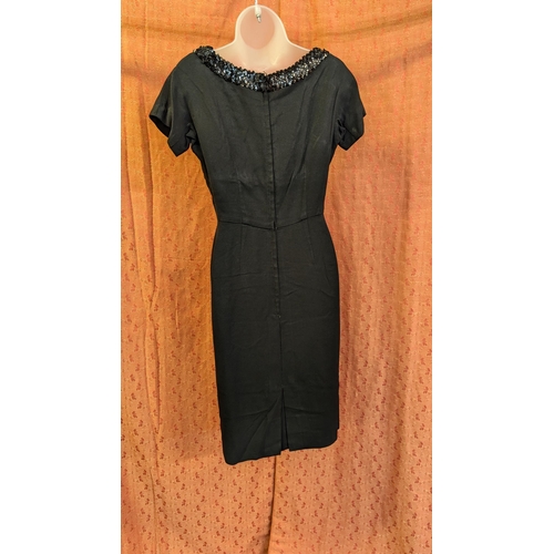 2266 - 1960's Gina Melbourne of New York Simple Vintage Black Dress with Small Cap Sleeves and Sequin High ... 