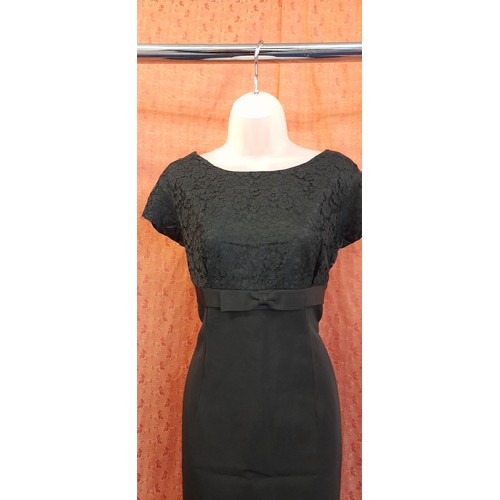 2327 - 1960's Little Black Dress with Lace Top and Under the Bust Bow Detailing.  Approx. Size 14