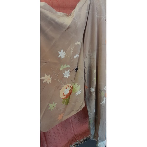 2347 - Vintage Silk and Crepe Kimono - Red Lining Taupe Colour with Green, Brown and Cream Flowers.  Approx... 