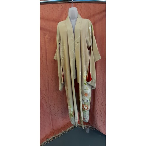 2347 - Vintage Silk and Crepe Kimono - Red Lining Taupe Colour with Green, Brown and Cream Flowers.  Approx... 