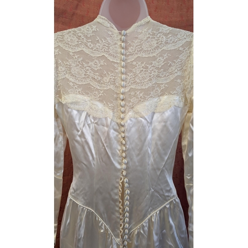 2120 - 1940s - 1950's Vintage Silk Effect Wedding Dress with High Lace Neckline and Pearl Embellishments, P... 