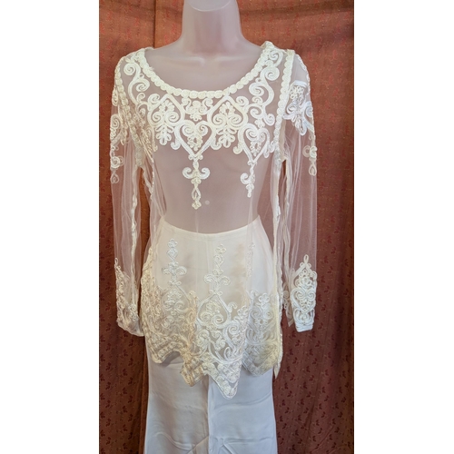 2172 - 1980's Sheer Lace and Chiffon Top Over Ozbeik Silk Skirt Wedding Attire, Embellished with Embroidery... 