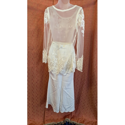 2172 - 1980's Sheer Lace and Chiffon Top Over Ozbeik Silk Skirt Wedding Attire, Embellished with Embroidery... 