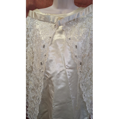 2163 - Short 1980's Satin Wedding Dress . Plain Design with High Neck, Lace Shawl with Satin Edging and Mar... 