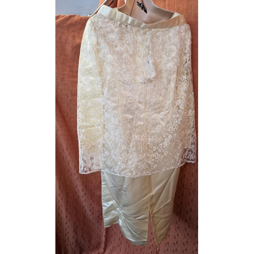 2163 - Short 1980's Satin Wedding Dress . Plain Design with High Neck, Lace Shawl with Satin Edging and Mar... 