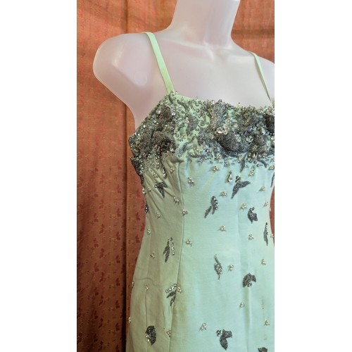 2255 - Christian Dior - London 1960's Long Vintage Mint Green Gown, Heavy Material Embellished with Marquis... 