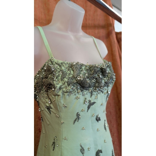 2255 - Christian Dior - London 1960's Long Vintage Mint Green Gown, Heavy Material Embellished with Marquis... 