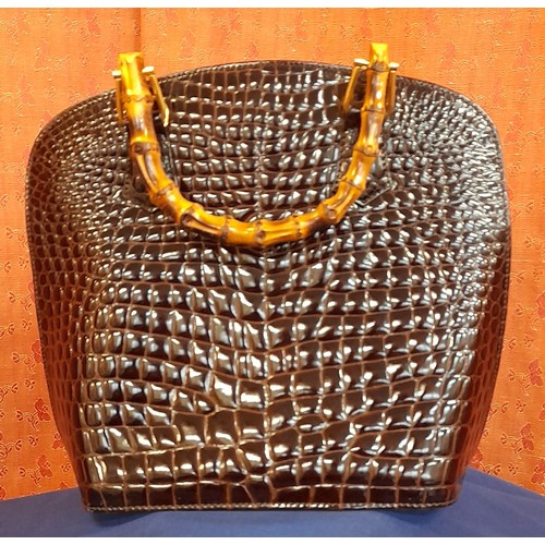 2373 - Vintage Crocodile Leather Handbag with Carved Handles - Unused with Shoulder Strap