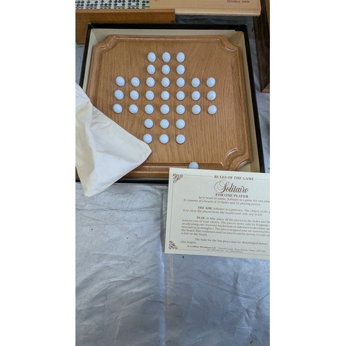 1787 - 3x Wooden Games - Chess & Draughts, Dominoes And Solitaire