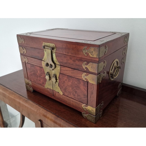 77 - Vintage Oriental Style Wooden & Brass Jewellery Box, with Hinged Top, Double Opening Front with 3 x ... 