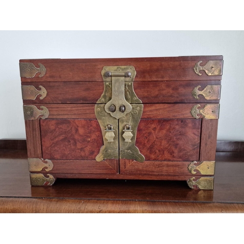 77 - Vintage Oriental Style Wooden & Brass Jewellery Box, with Hinged Top, Double Opening Front with 3 x ... 