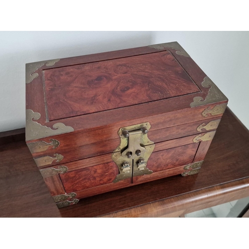 77 - Vintage Oriental Style Wooden & Brass Jewellery Box, with Hinged Top, Double Opening Front with 3 x ... 