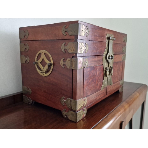 77 - Vintage Oriental Style Wooden & Brass Jewellery Box, with Hinged Top, Double Opening Front with 3 x ... 