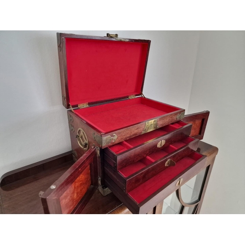 77 - Vintage Oriental Style Wooden & Brass Jewellery Box, with Hinged Top, Double Opening Front with 3 x ... 