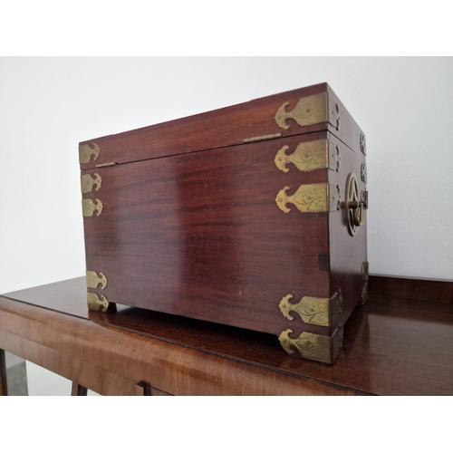 77 - Vintage Oriental Style Wooden & Brass Jewellery Box, with Hinged Top, Double Opening Front with 3 x ... 