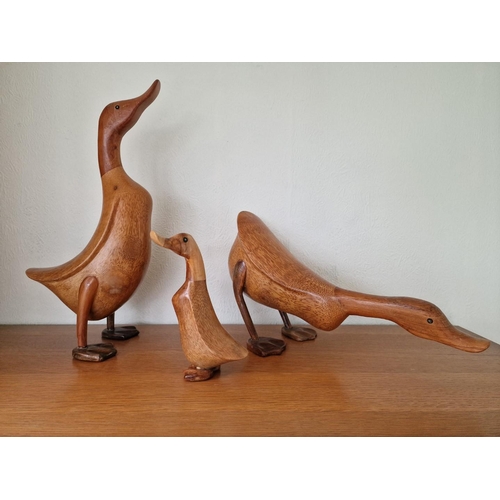 75 - Family of 3 x Hand Carved Bamboo & Teak Wood Duck Sculptures / Figures, (Tallest Approx. H: 43.5cm),... 