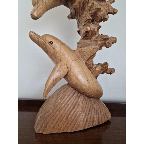 76 - Large Carved Wood Sculpture of 3 Dolphins on Naturalistic Base, (Approx. H: 100cm)