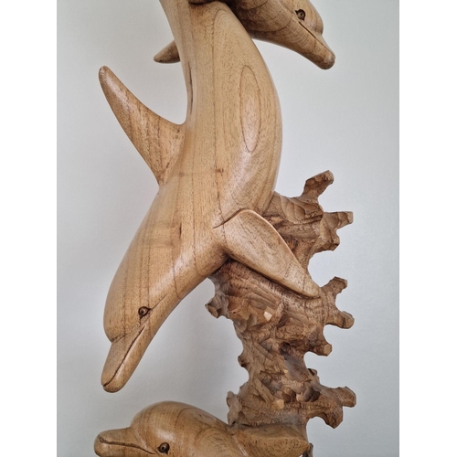 76 - Large Carved Wood Sculpture of 3 Dolphins on Naturalistic Base, (Approx. H: 100cm)