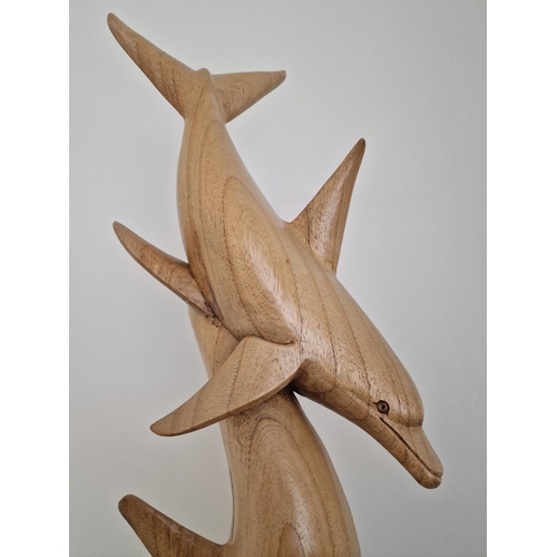 76 - Large Carved Wood Sculpture of 3 Dolphins on Naturalistic Base, (Approx. H: 100cm)