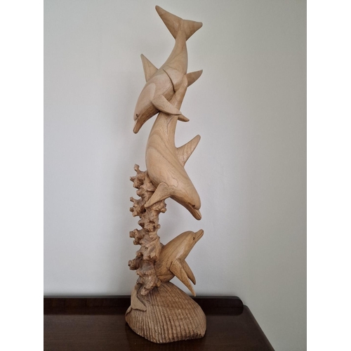 76 - Large Carved Wood Sculpture of 3 Dolphins on Naturalistic Base, (Approx. H: 100cm)