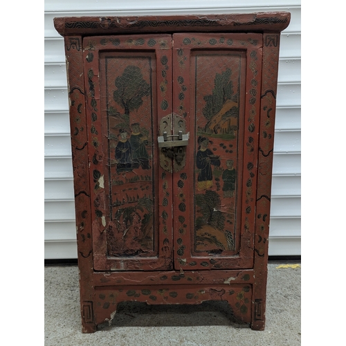 87 - A Chinese Red Lacquer Cabinet - No Padlock Key - 50 x 25 x 75cm