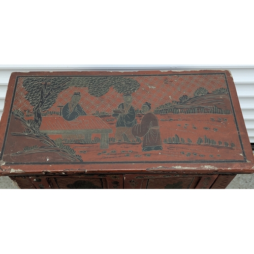 87 - A Chinese Red Lacquer Cabinet - No Padlock Key - 50 x 25 x 75cm