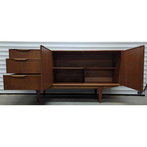 504 - Mid Century Teak Side Board With 3 Drawers And Drinks Cupboard - Slight Damage As Pictured - 76 x 15... 