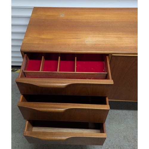 504 - Mid Century Teak Side Board With 3 Drawers And Drinks Cupboard - Slight Damage As Pictured - 76 x 15... 