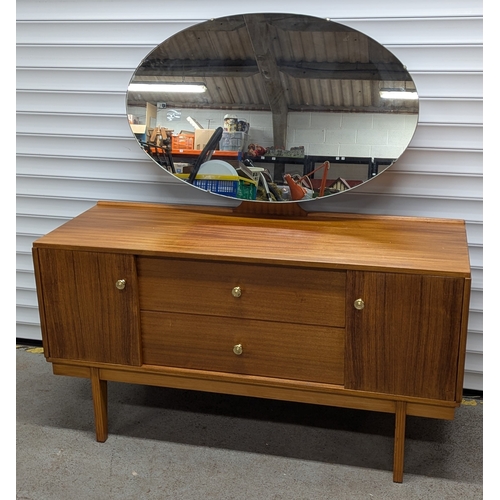 505 - Mid Century Dressing Table With 2 Drawers, 2 Cupboards And Oval Mirror - 150cm (Top Of Mirror) x 125... 