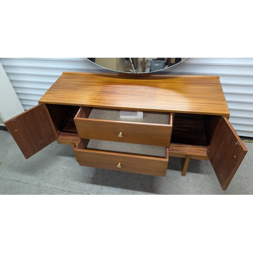 505 - Mid Century Dressing Table With 2 Drawers, 2 Cupboards And Oval Mirror - 150cm (Top Of Mirror) x 125... 
