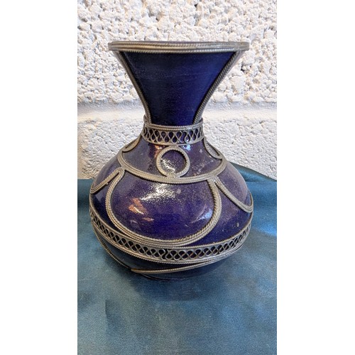 Vintage Moroccan Cobalt Blue Ceramic Vase With Silver Filigree
