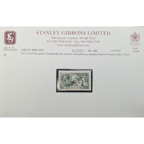 183 - GB 1913 £1 Dull Blue Green. Exceptionally Fine and Fresh Unmounted. Original Gum. Example printed by... 
