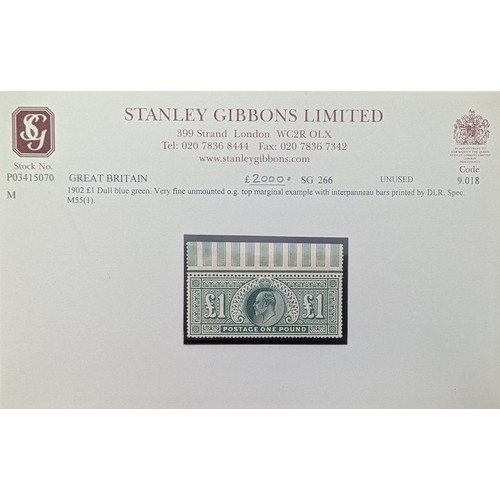 184 - GB 1902 £1 Dull blue Green. Unused. Very fine unmounted. Original Gum. Top Marginal Example with int... 