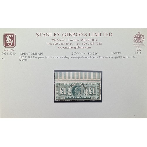 184 - GB 1902 £1 Dull blue Green. Unused. Very fine unmounted. Original Gum. Top Marginal Example with int... 