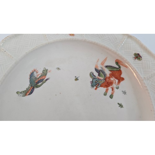 47 - Circa 1740 Meissen plate decorated with the “Koreanischer Löwe“ Basket weave moulded border. A Crane... 