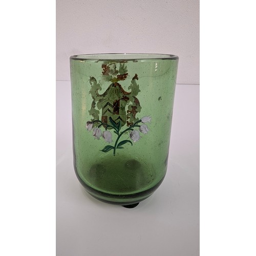 38 - Antique Bohemian Hand Blown Green Glass Three Legged Vase Dating Back to 1667 